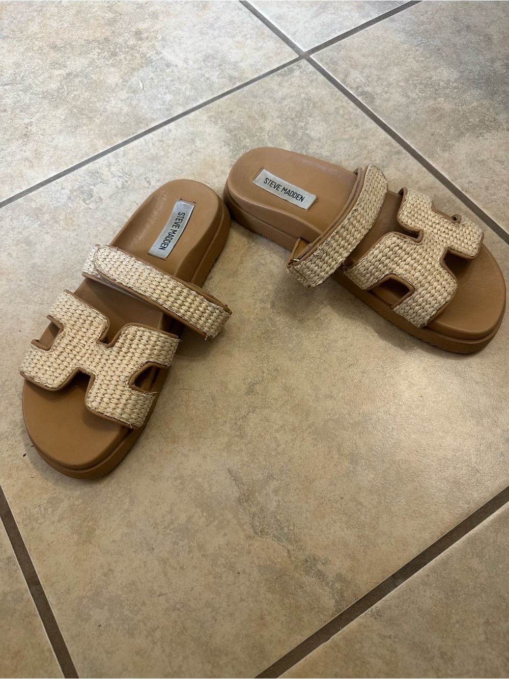 Steve Madden Tan & Natural Woven Slide Sandals